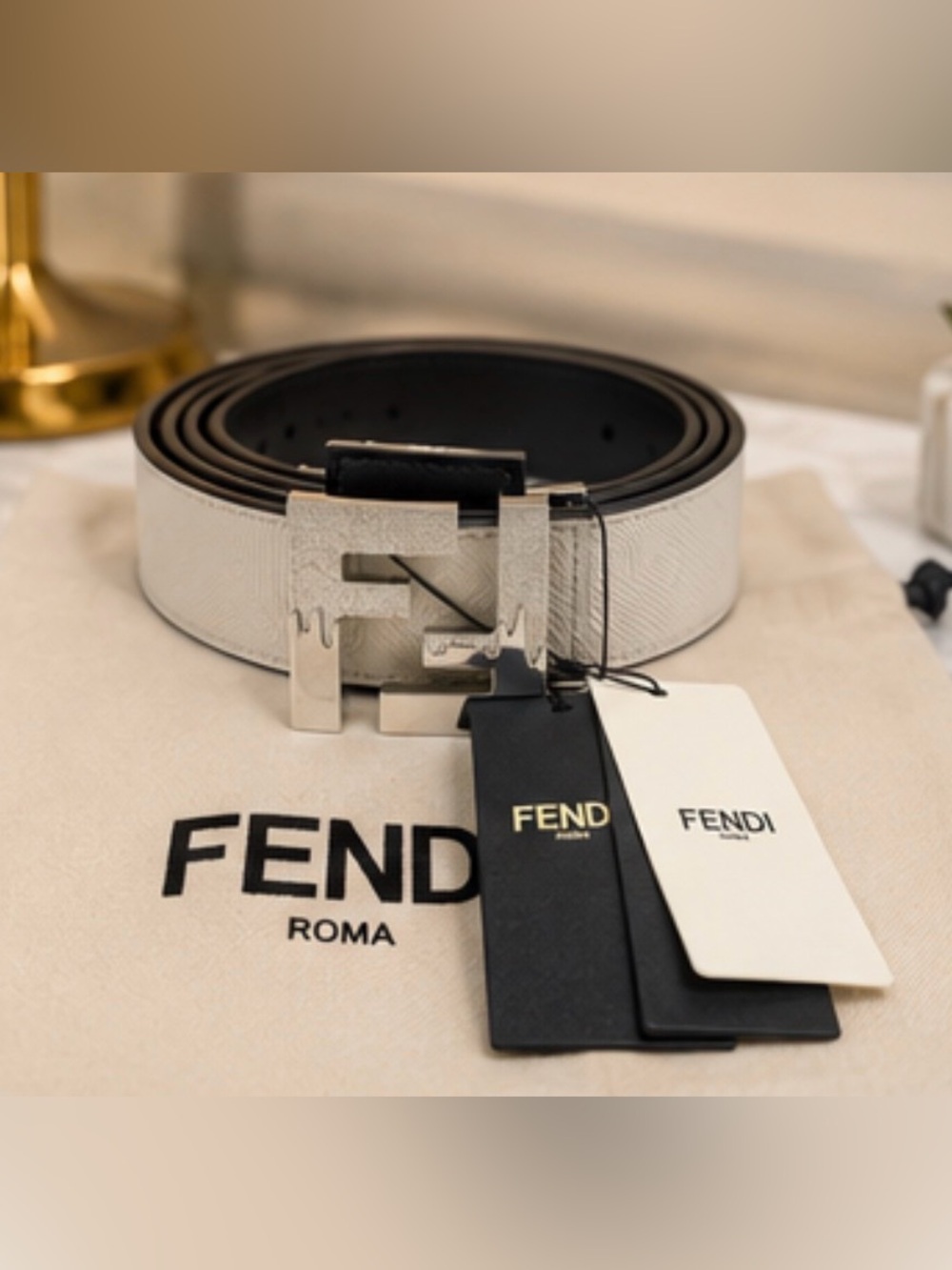 NWT Fendi FF Leather Belt 90 Cream Black Silver Buckle Made Italy - Unisex